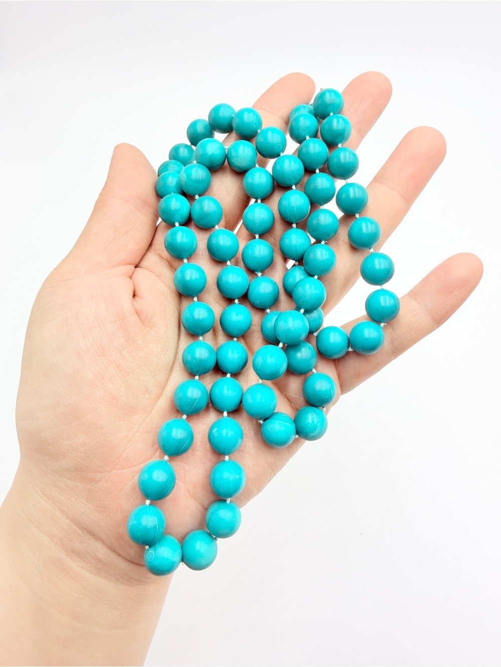 Vintage Long Turquoise Bead Necklace Knotted Graduated Beads